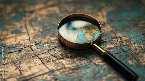 Magnifying glass on old world map showing close view of land and detail symbol of search travel and explore