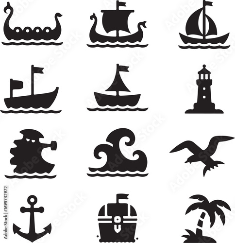 Nautical and Maritime Silhouette Icons Collection Keywords: viking ship, longship, sailboat, sailing