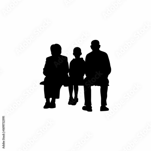 Family silhouette with elderly parents sitting together isolated on white background