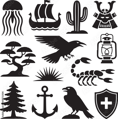 Diverse Silhouette Icons Featuring Wildlife Nature and Symbols Keywords: jellyfish, viking ship