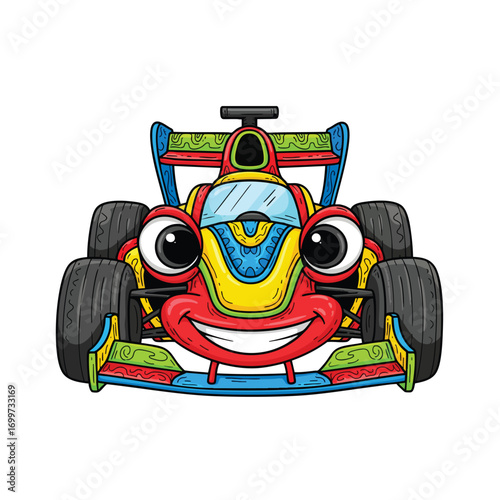 A cheerful and colorful cartoon Formula 1 race car with a big smiling face and large eyes.