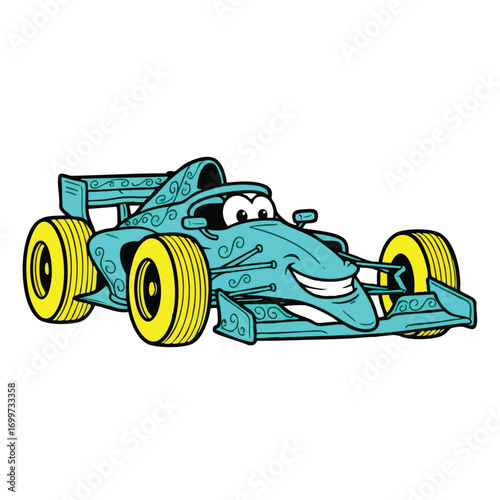 A cheerful turquoise cartoon race car with a smiling face yellow wheels and intricate swirl patterns.