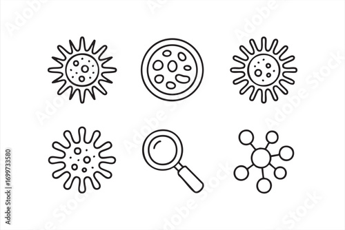 Microbiology Icons Featuring Magnifying Glass, Virus, and Molecular Cells