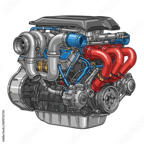 A detailed illustration of a powerful V8 car engine with a prominent turbocharger and red exhaust manifold.