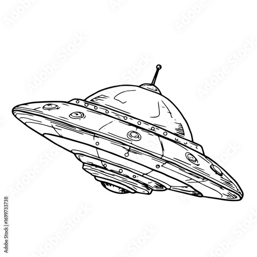 A toy spaceship with an antenna, black and white ink sketch. Vector illustration. Children's flying toy, ufo, isolated on a white background. For postcards, children's books, and textile printing