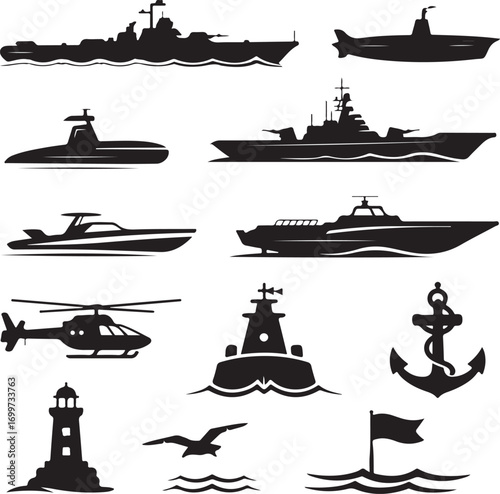 Collection of black silhouette icons of various watercraft and nautical symbols Keywords: warship