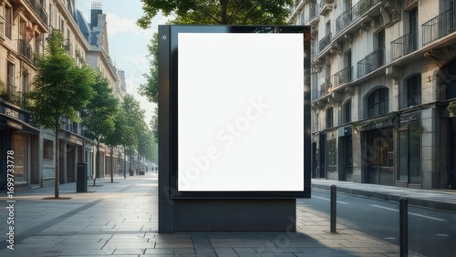 Blank Vertical City Light Poster Mockup on a European Urban Street with Classic Architecture and Green Trees