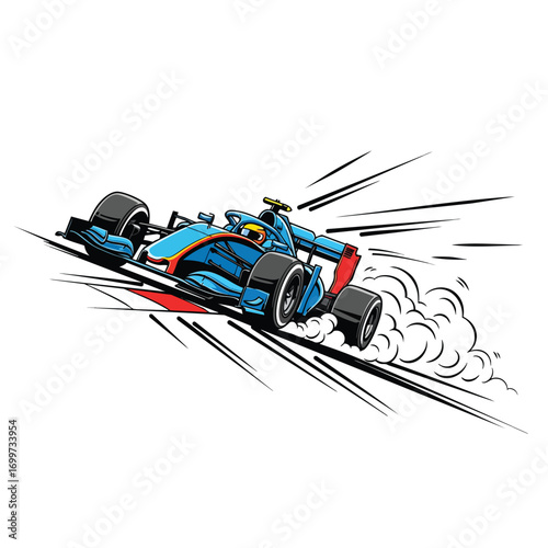 A dynamic stylized illustration of a blue Formula 1 race car speeding around a track corner.
