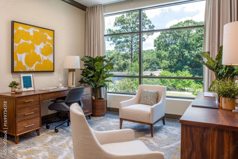 Fototapeta premium Bright and Inviting Home Office with Modern Furniture and Green View