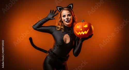Woman dressed as a black cat holding a jacko'lantern on an orange background