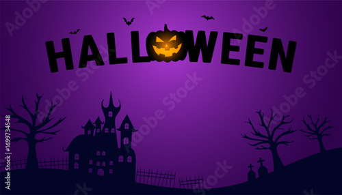Halloween texts elements with glow pumpkin on dark night purple halloween background with silhouette characters of castle, grave, tree, bats, Vector illustration