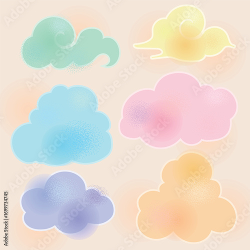 Cartoon style hand-painted pastel clouds set. Soft cotton. Dreamy colorful clouds