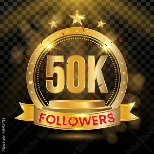 50K Followers Logotype with Gold and red Confetti Isolated on Black Background, Vector Design for Greeting Card and Social Media.