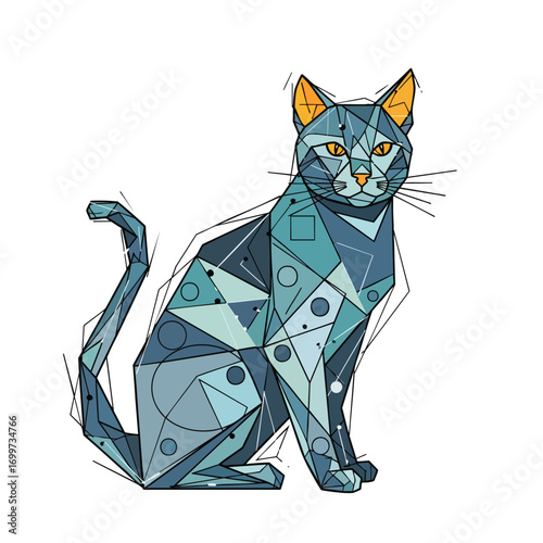 A modern geometric illustration of a sitting cat rendered in a lowpoly style with shades of blue and teal.