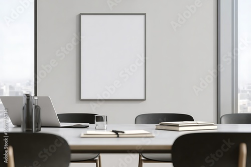 Modern conference room interior with wooden chairs and table near large windows, blank wall on side, ideal for business design mockup or presentation. High quality