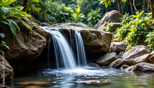 Serene Mountain Stream with Gentle Waterfall Amidst Lush Greenery and Rocks in Nature Paradise