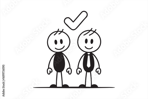 Two Stick Figure Businessmen with Check Mark Symbolizing Team Approval