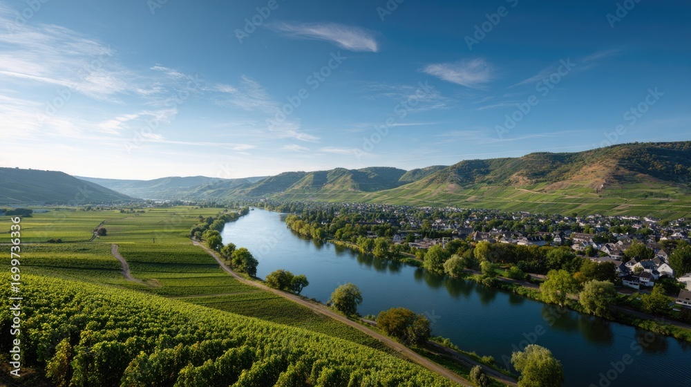 Fototapeta premium Peaceful Fertile Landscape of Sunlit Hills and Vineyards 