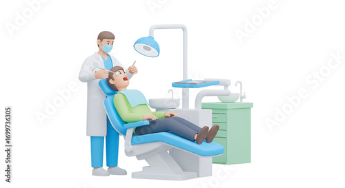 Patient receiving dental checkup from dentist in modern clinic with bright lighting, showcasing healthcare and professional medical service.