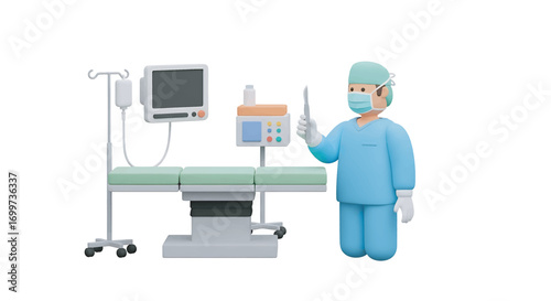 Surgeon in blue scrubs stands next to operating table in sterile hospital environment, ready for surgery with modern equipment and hopeful atmosphere.