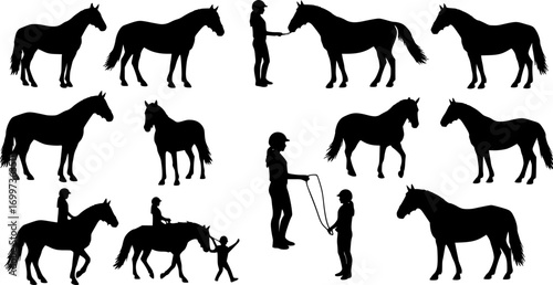 Vector silhouettes of girl with her horse on white background. Symbol of farm.
