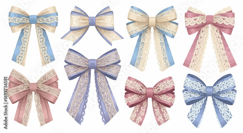 Elegant Collection of Pastel Ribbon Bows with Lace Edges for Decorative Crafts and Digital Design Projects, Ideal for Invitations and Scrapbooking