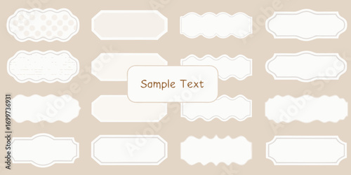 Collection of decorative white frames and labels with varied borders on a soft beige background