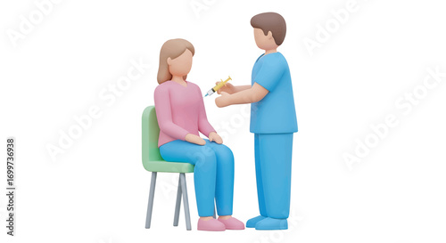 Patient receiving vaccine from doctor in clinic, protecting against disease with needle injection, hopeful and safe feeling.