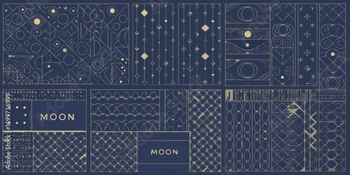 Elegant gold geometric patterns and celestial motifs on a deep blue background with the word moon