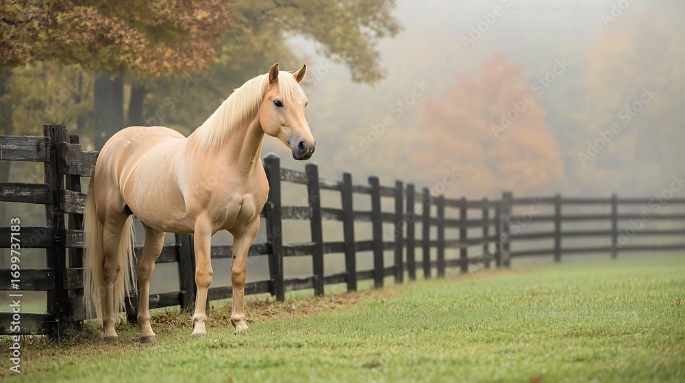 Obraz premium Beautiful palomino horse standing near a wooden fence on a foggy morning with mist surrounding the area dew on the grass and trees fading into the background