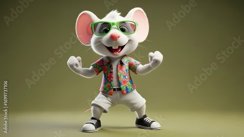 Playful White Mouse in Hawaiian Shirt Dancing Against Olive Green Background