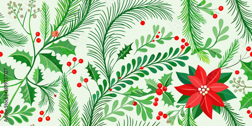 Festive christmas botanical pattern with poinsettia holly berries and pine needles