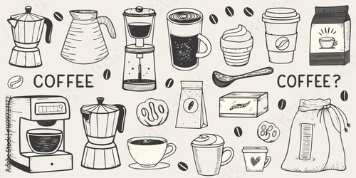 Hand drawn coffee collection featuring various brewing methods and accessories