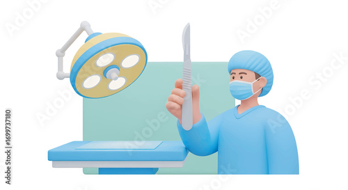 Cartoon surgeon holding scalpel in operating room preparing for surgery with bright surgical light and sterile environment, conveying precision and care.