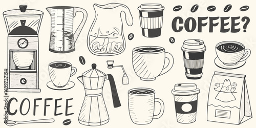 Hand drawn doodle illustration of various coffee making equipment and drinks on a light background