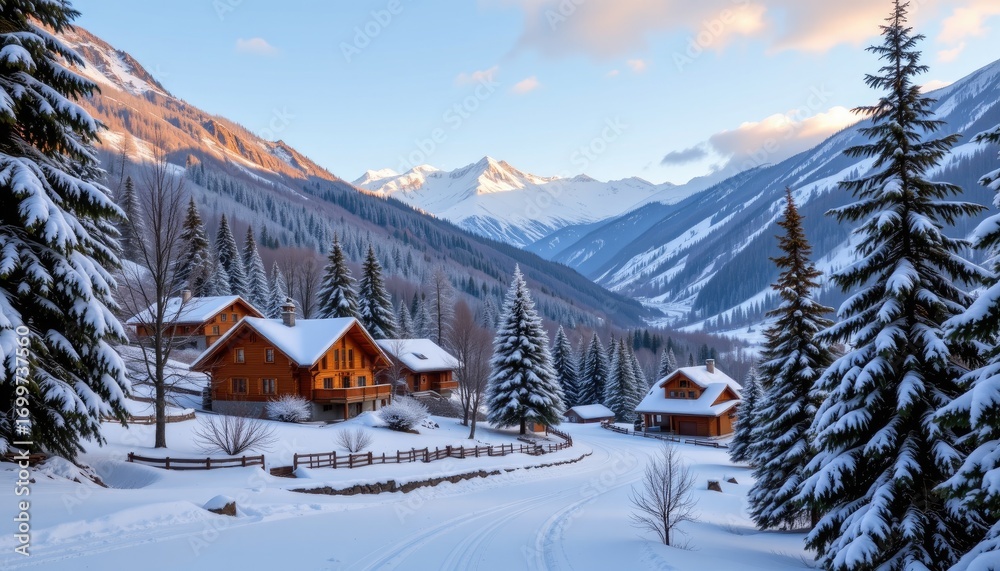 Fototapeta premium Serene Winter Landscape with Wooden Cabins and Majestic Mountains Under Clear Sky