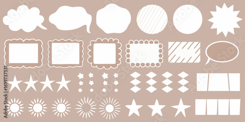Collection of hand drawn white decorative elements and shapes on a neutral beige background for journaling and design