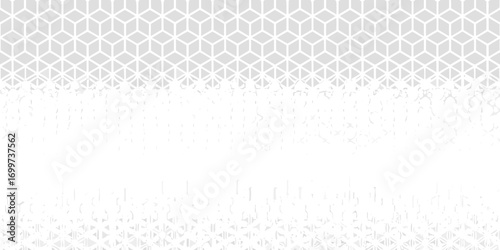 Abstract geometric pattern fading from detailed cubes to fragmented shapes on a light gray background