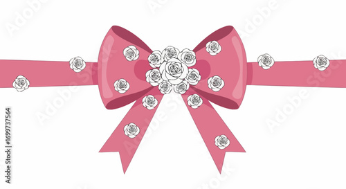 Elegant Pink Ribbon with Floral Accents for Gift Wrapping, Invitations, and Decorative Design Projects, enhancing celebrations and adding a touch of sophistication