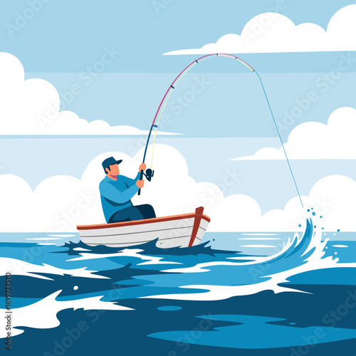 Man enthusiastically fishing from a small boat on the vast blue ocean with a bent fishing rod