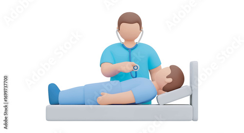 Doctor examines patient lying in hospital bed using stethoscope, providing medical care and support during recovery, demonstrating compassion and expertise.