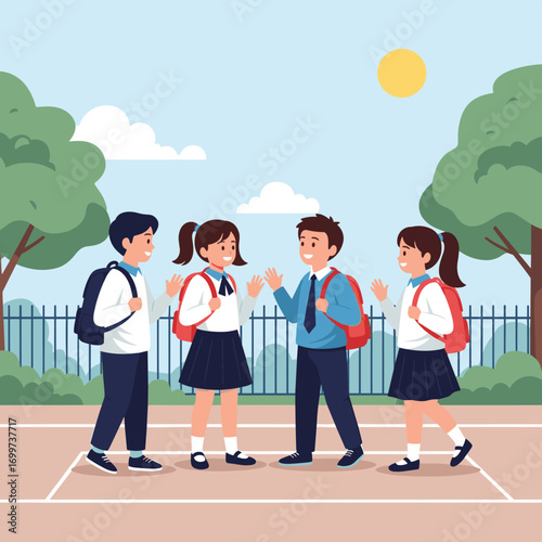 Four diverse students excitedly greeting each other outside school premises on a sunny day