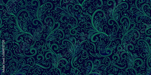 Elegant teal green floral swirl pattern on dark navy background seamless repeating design