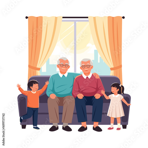 A heartwarming scene of two elderly men sitting on a sofa with their young grandchildren playing around them creating lasting family memories