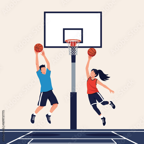 Two athletes competing in a dynamic basketball game attempting to score points
