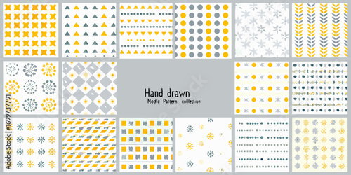 Collection of hand drawn seamless patterns in yellow gray and white with geometric and floral motifs