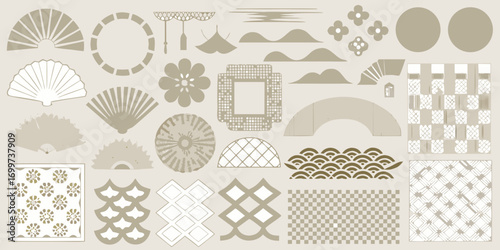 Collection of japanese inspired graphic design elements and patterns in neutral tones