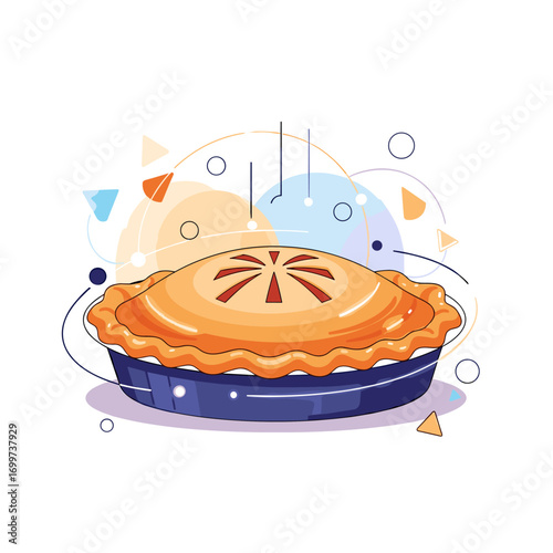 Delicious baked apple pie with golden crust and whimsical abstract shapes floating around it