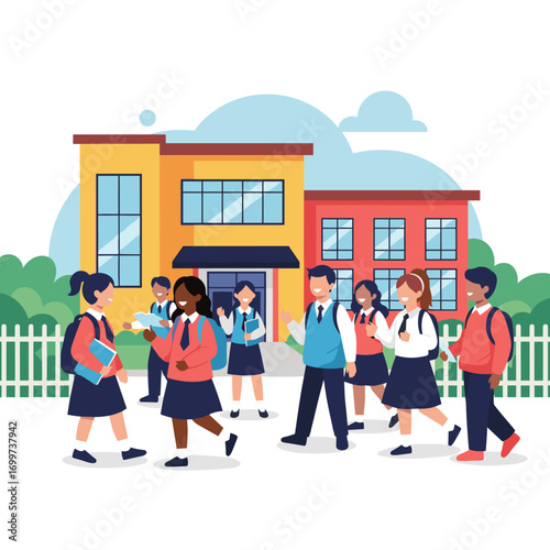 Diverse group of happy students arriving at school with backpacks and books in front of the building