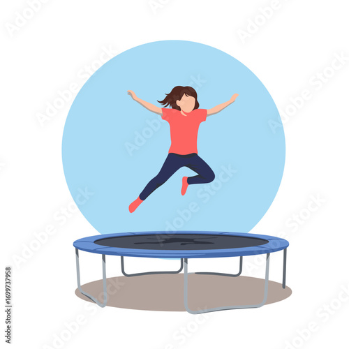 A young girl joyfully leaping high in the air on a trampoline outdoors under a bright blue sky